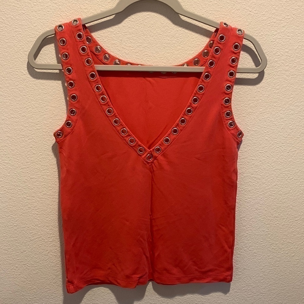 Silk Womens Sleeveless Top V neck with detail eyelets/grommets in silver color. 